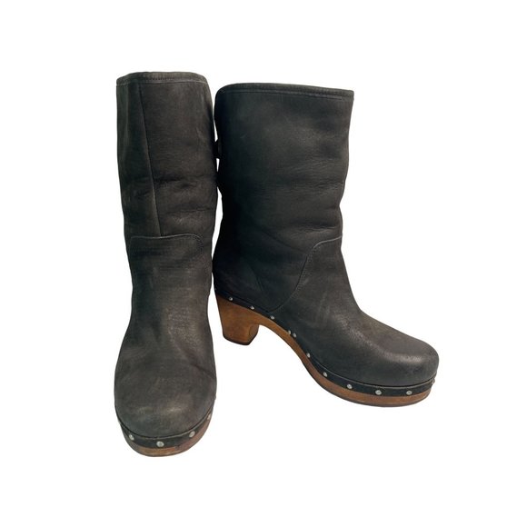 UGG Womens MOUTON Boot Roll Top BLACK Leather Heels Boots 3207 Size 6 - Picture 3 of 12